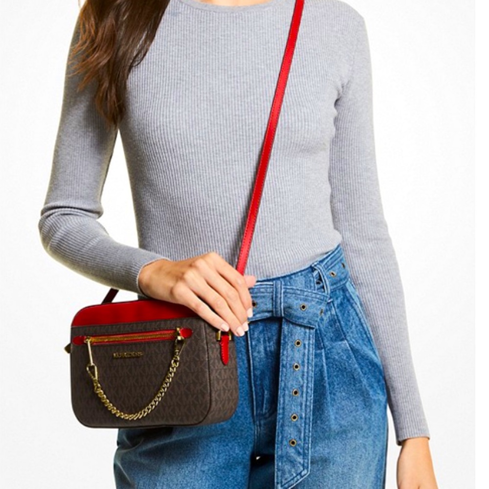 NWT Michael Kors Red/ Brown Jet Set Large Logo Crossbody Bag - Picture 2 of 8